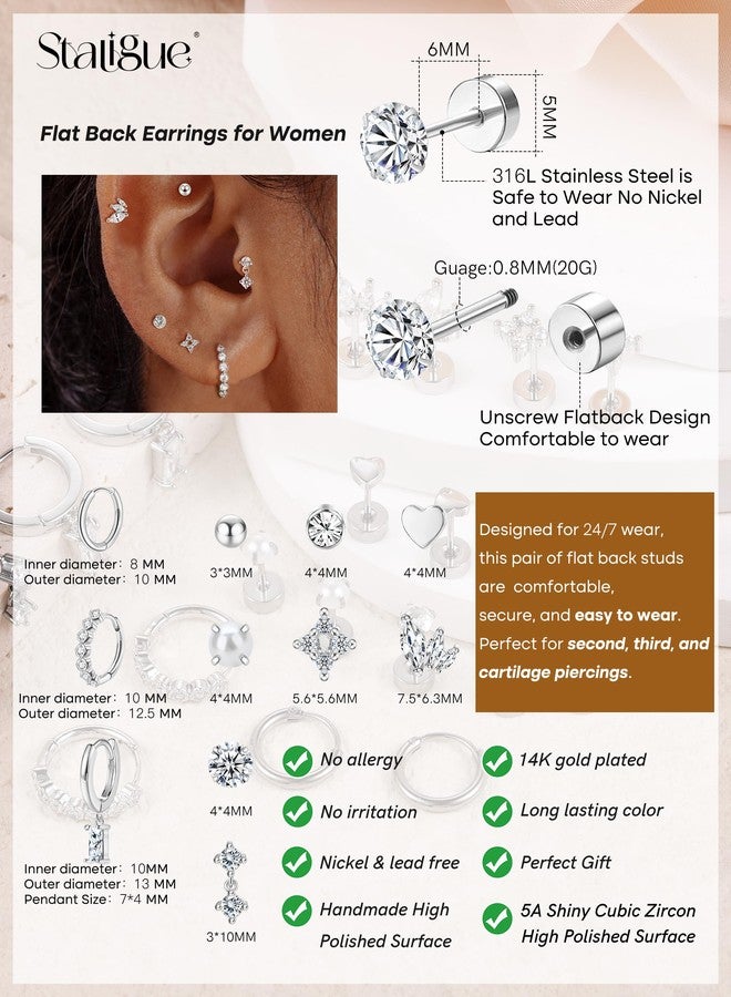 Staligue أقراط ستاليج المضادة للحساسية ذات الظهر المسطح للأذنين الحساسة، أقراط عصرية من الفولاذ الجراحي للنساء والرجال، أطقم أقراط غضروفية صغيرة ذات ظهر مسطح لثقوب متعددة، أقراط حلقية ذات ظهر مسطح قابلة للتكديس - Image 2